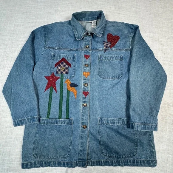 VTG Women XL Denim Coat Jacket‎ Applique Birdhouse Patchwork Cottage Barn Chore - Picture 3 of 16